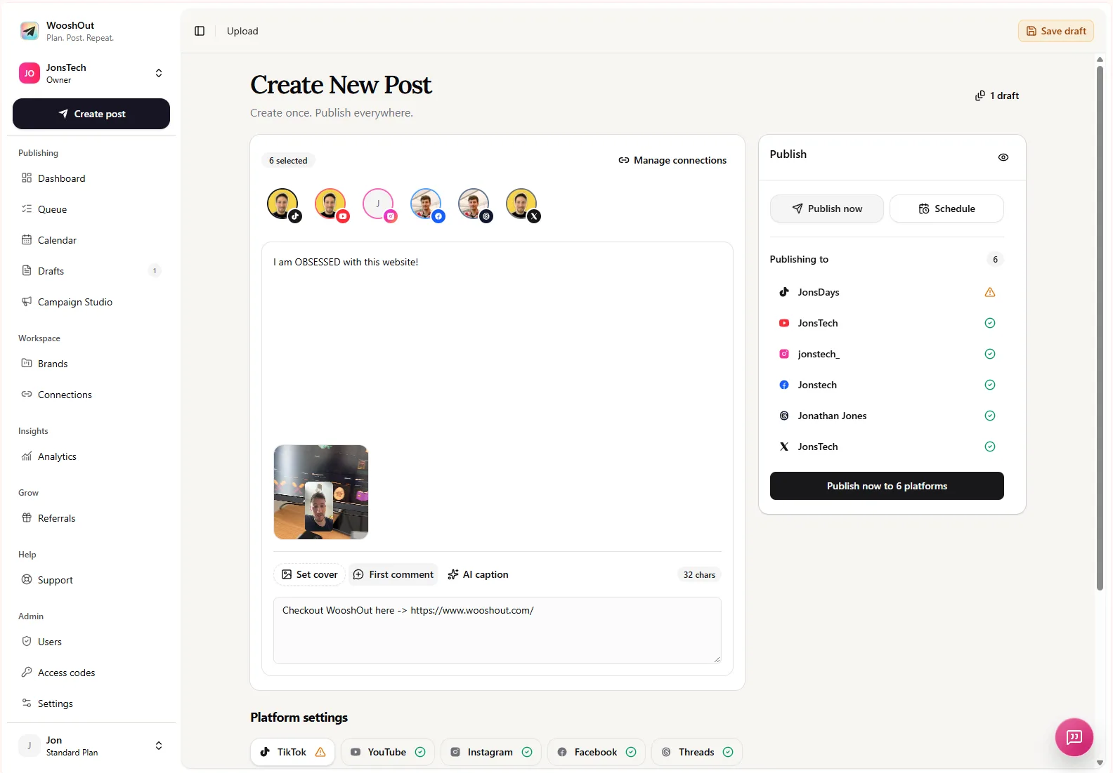 WooshOut Create New Post composer WooshOut’s Create New Post screen shows six selected social accounts, a caption and video preview, publishing options, and destination status icons.