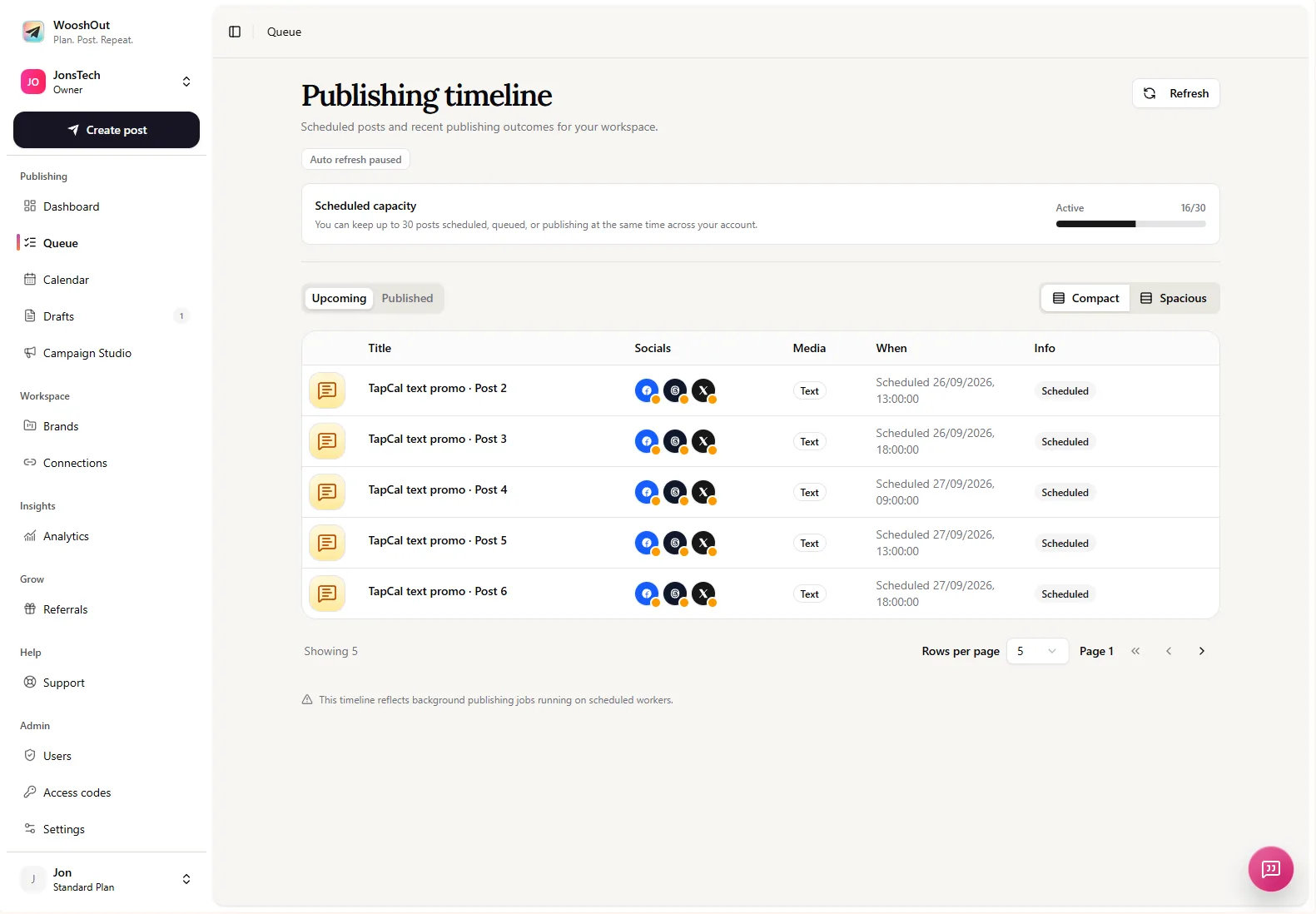 WooshOut publishing timeline queue WooshOut Queue page showing scheduled text posts in a publishing timeline, with destination icons, scheduled dates, status labels, and active capacity.