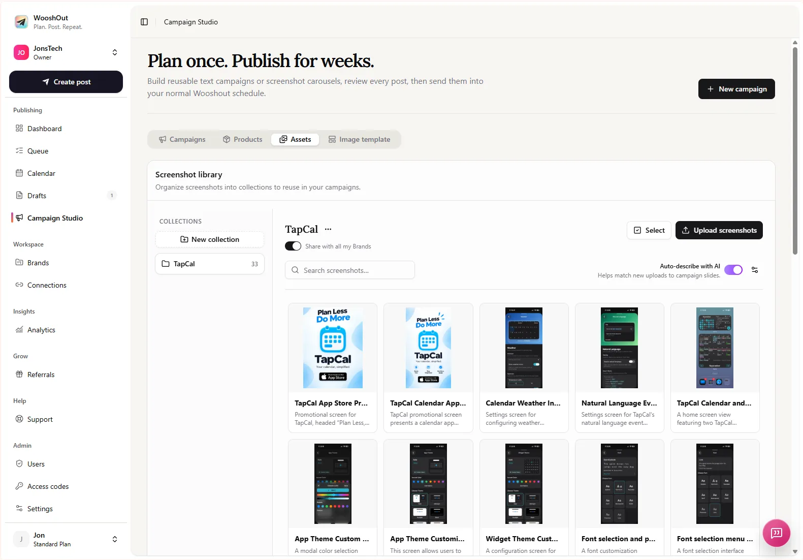 Campaign Studio Screenshot Library WooshOut Campaign Studio is open to the Assets tab, showing a TapCal collection and a grid of screenshot cards with controls to search, select, and upload screenshots.