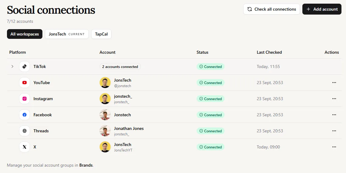 WooshOut social connections dashboard The Social connections page lists TikTok, YouTube, Instagram, Facebook, Threads, and X with connected statuses and last-checked times. Workspace tabs, account actions, and check and add account buttons appear above the list.