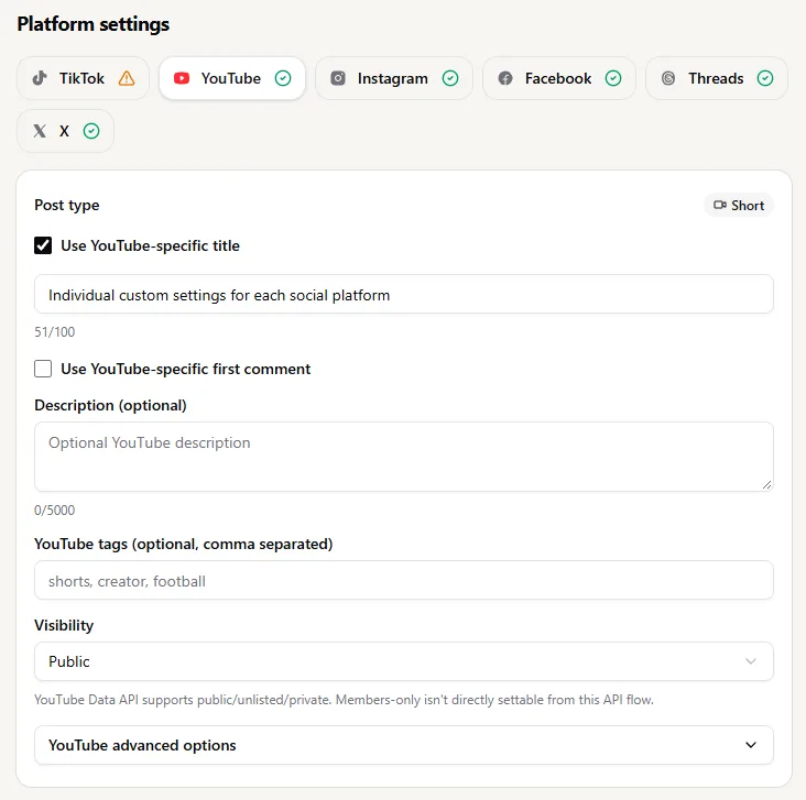 YouTube Platform Settings in the Post Composer Platform settings screen with TikTok, YouTube, Instagram, Facebook, Threads, and X tabs. YouTube-specific title is enabled, with fields for a title, description, tags, visibility, and advanced options.