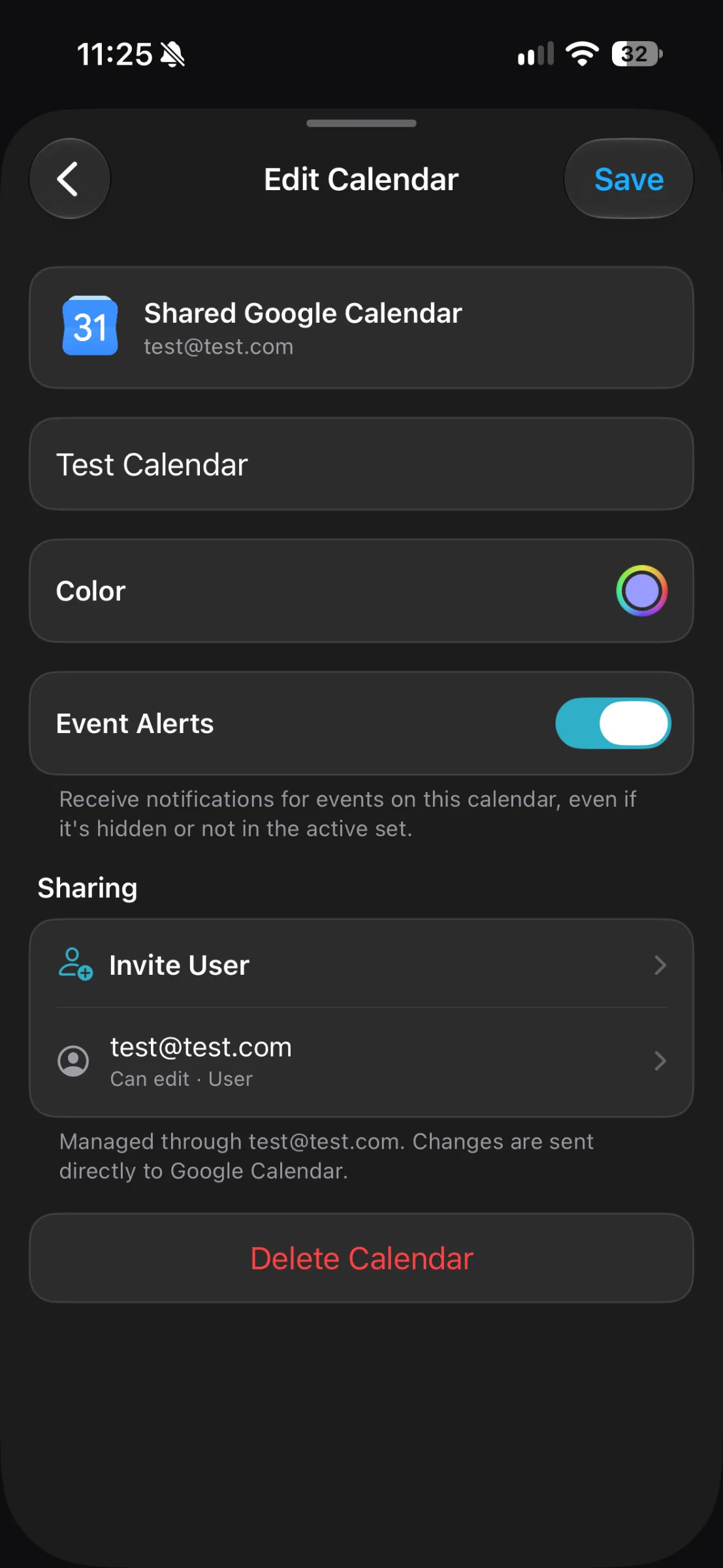 TapCal Shared Calendar Settings Dark-mode Edit Calendar screen for a Shared Google Calendar named Test Calendar, showing its color, enabled event alerts, sharing options, and a Delete Calendar button.