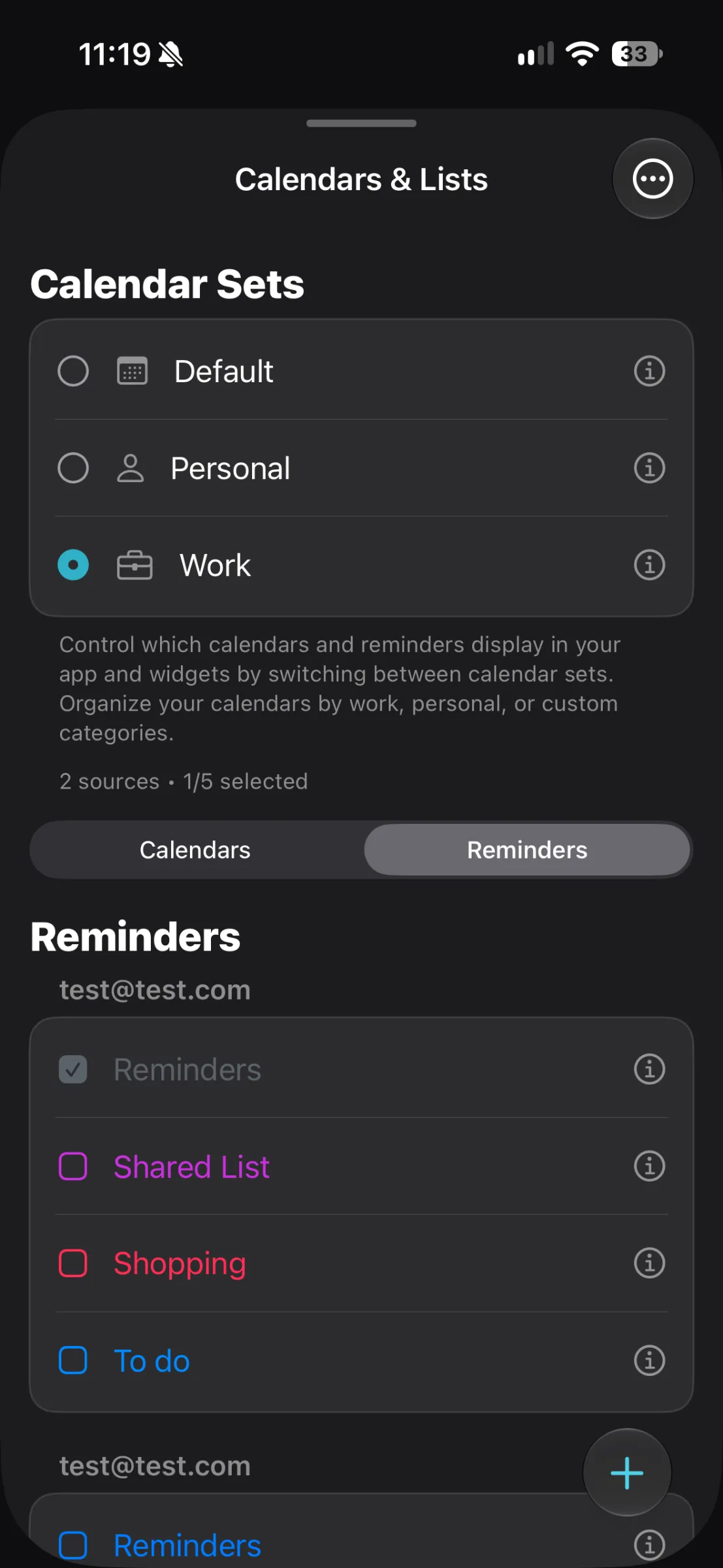 TapCal Calendars & Lists screen showing calendar sets and reminders Dark-mode TapCal Calendars & Lists screen. Calendar Sets lists Default, Personal, and Work, with Work selected. The Reminders tab is active, showing Reminders, Shared List, Shopping, and To do, plus a blue add button near the bottom.