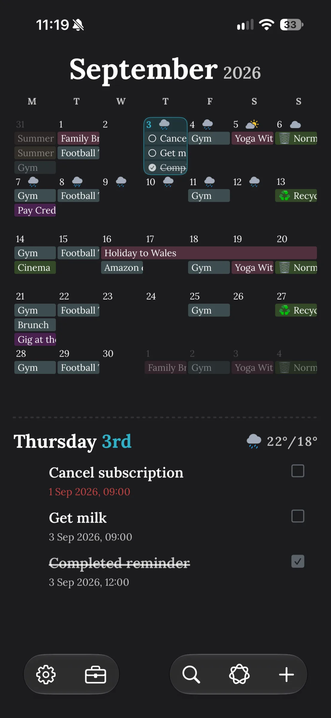 TapCal September 2026 Calendar and Reminders Dark-themed TapCal screen showing the September 2026 month calendar with colored events and weather icons. Thursday, September 3 is selected, with a reminder list and weather forecast below.