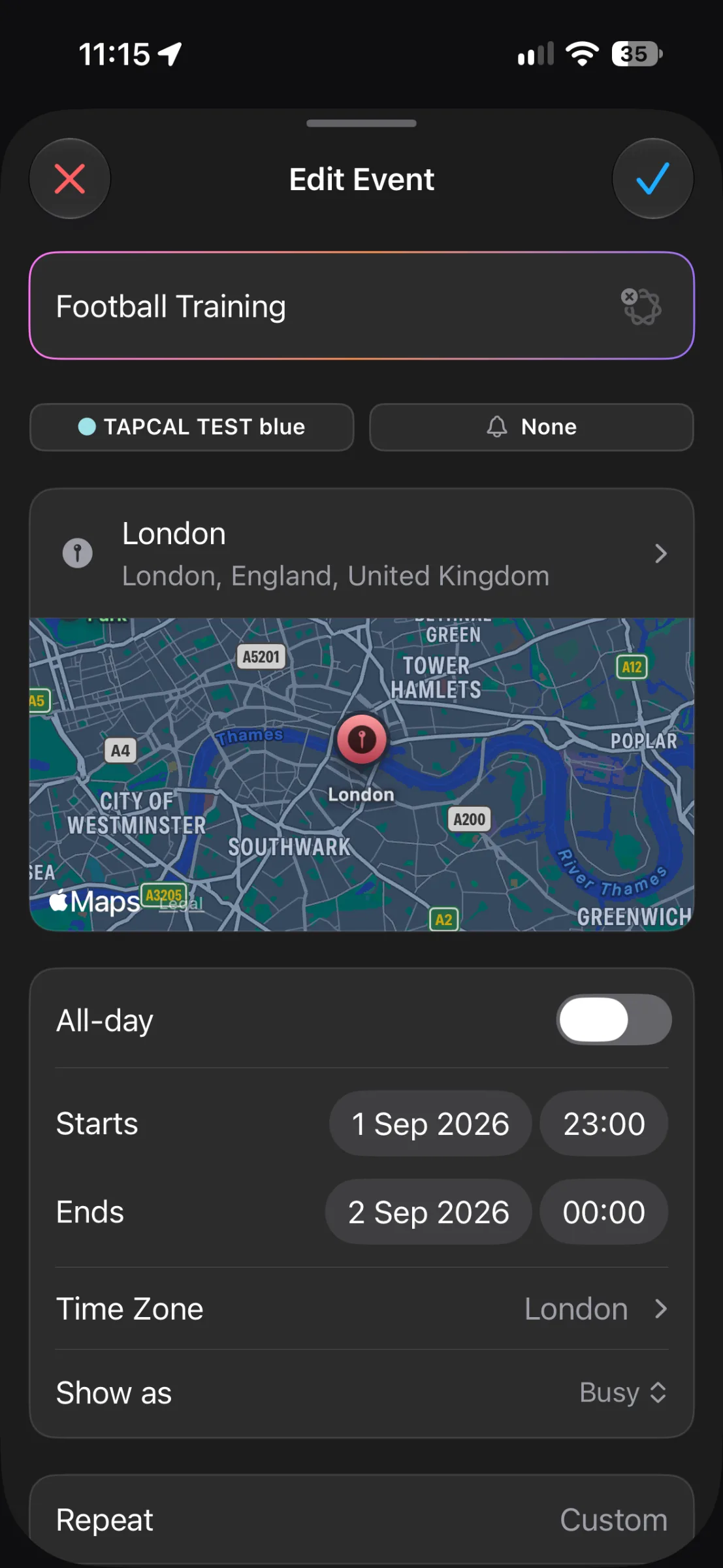 TapCal Edit Event Screen for Football Training Dark-mode TapCal Edit Event screen showing “Football Training,” a London location with a map preview, and event date, time, time zone, availability, and repeat settings.
