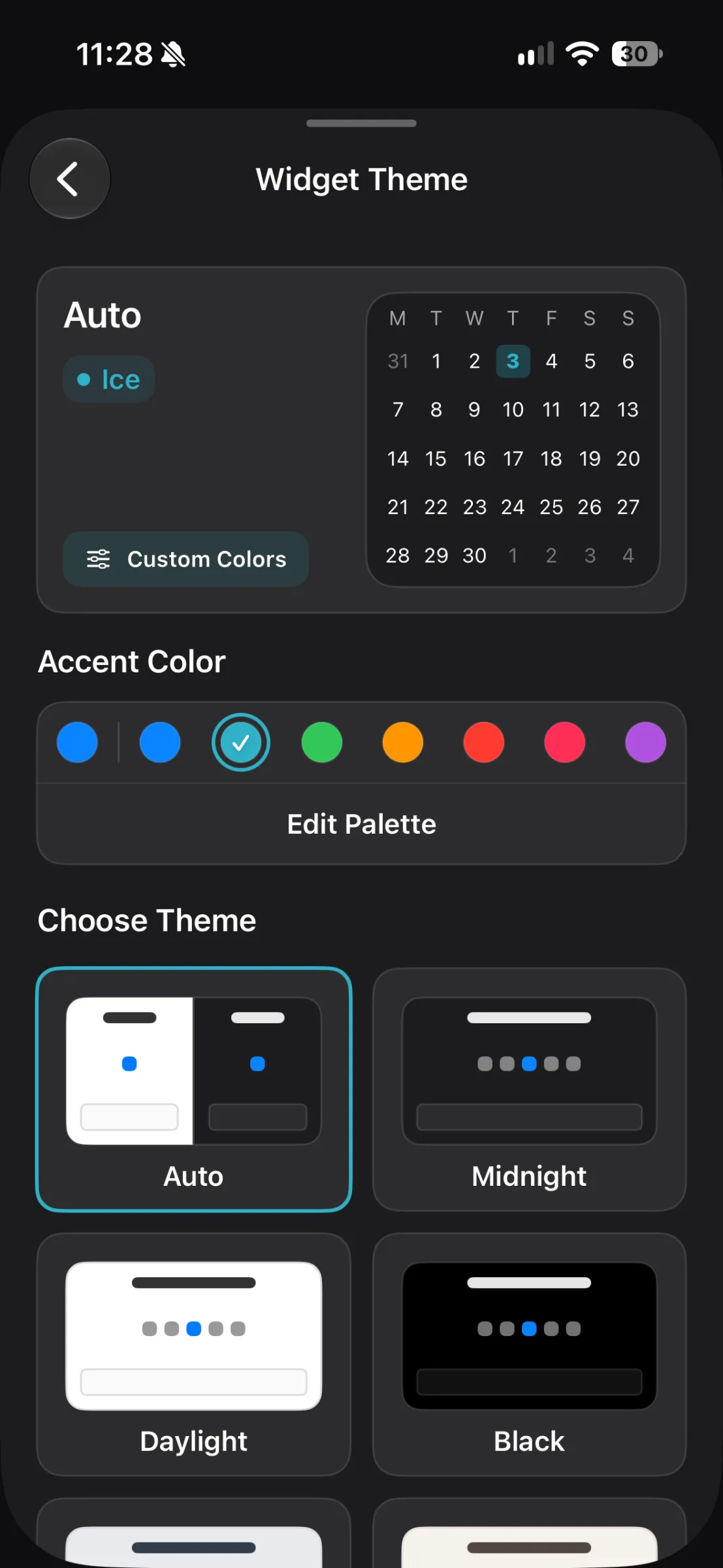 TapCal widget theme and color settings Dark-mode TapCal settings screen titled “Widget Theme,” showing an Auto theme preview, accent color swatches, and theme cards for Auto, Midnight, Daylight, and Black.