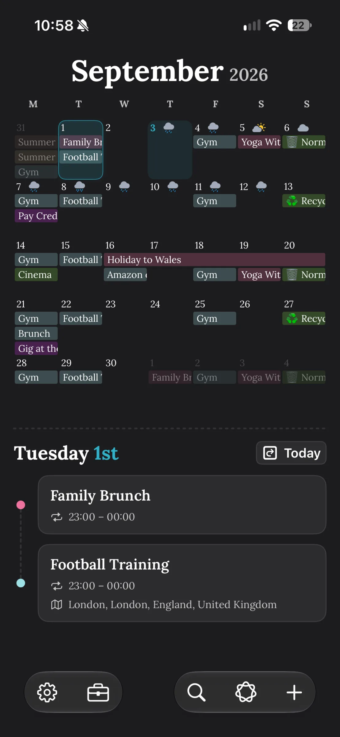 TapCal September 2026 Calendar and Agenda Dark-themed TapCal screen showing a September 2026 month calendar with colored event bars and weather icons. Below, Tuesday the 1st agenda lists Family Brunch and Football Training, with a Today button and bottom navigation icons.